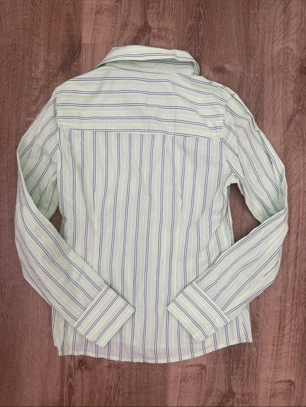 Justice Girls' Light Green and Blue Striped Button-Up Shirt, Size Medium (12)